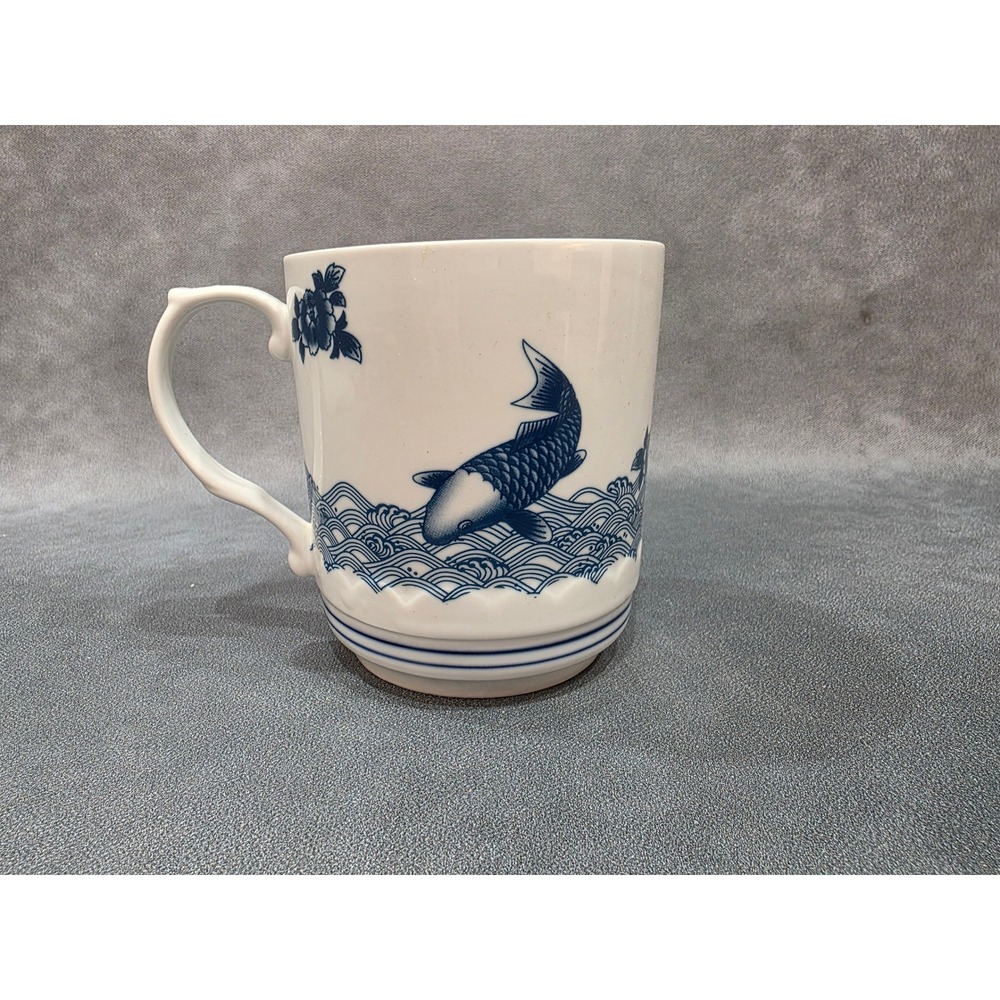 Blue and White Koi Fish Ceramic Mug Japanese Wave Ocean Floral Coffee Cup